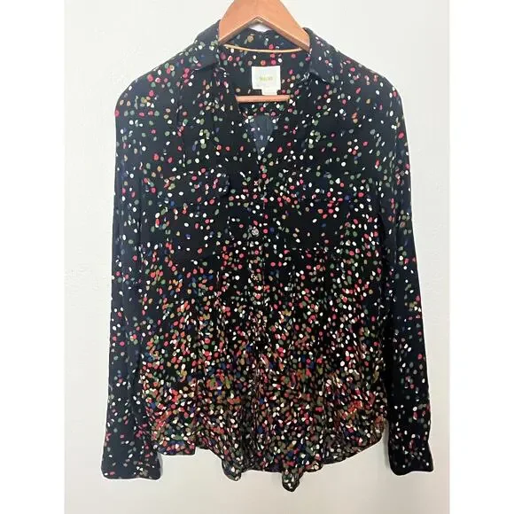 MAEVE Anthropologie Confetti Print Button Front Shirt Size 4 Black Multicolor - Picture 5 of 10